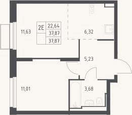 Планировка: 2-к, 37,9 м²
