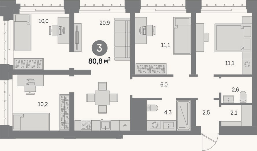 Планировка: 4+ к, 80,8 м²