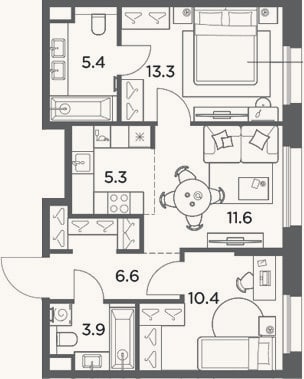 Планировка: 3-к, 56,5 м²