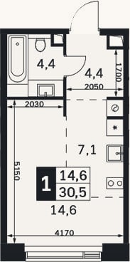 Планировка: Студия, 30,5 м²