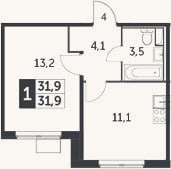 Планировка: 1-к, 31,9 м²