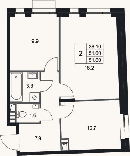 Планировка: 2-к, 51,6 м²