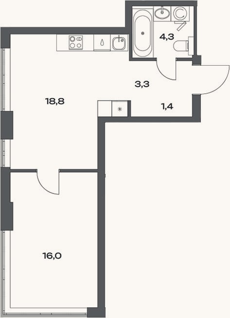 Планировка: 2-к, 43,8 м²