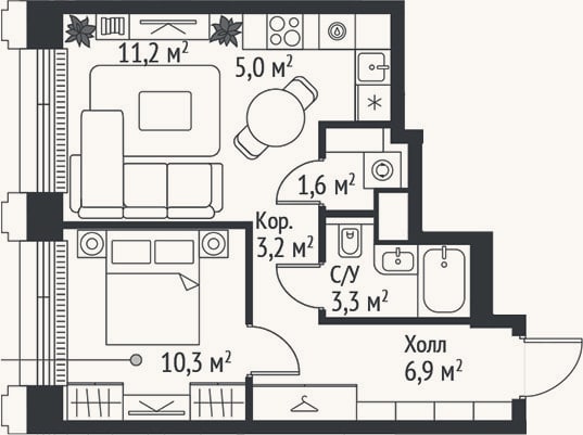 Планировка: 2-к, 41,5 м²