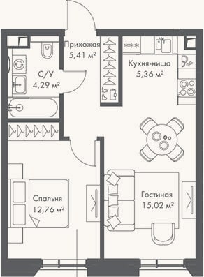 Планировка: 2-к, 42,8 м²