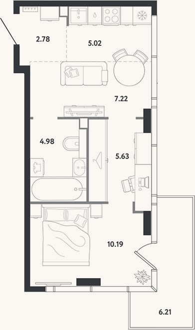 Планировка: 1-к, 35,8 м²