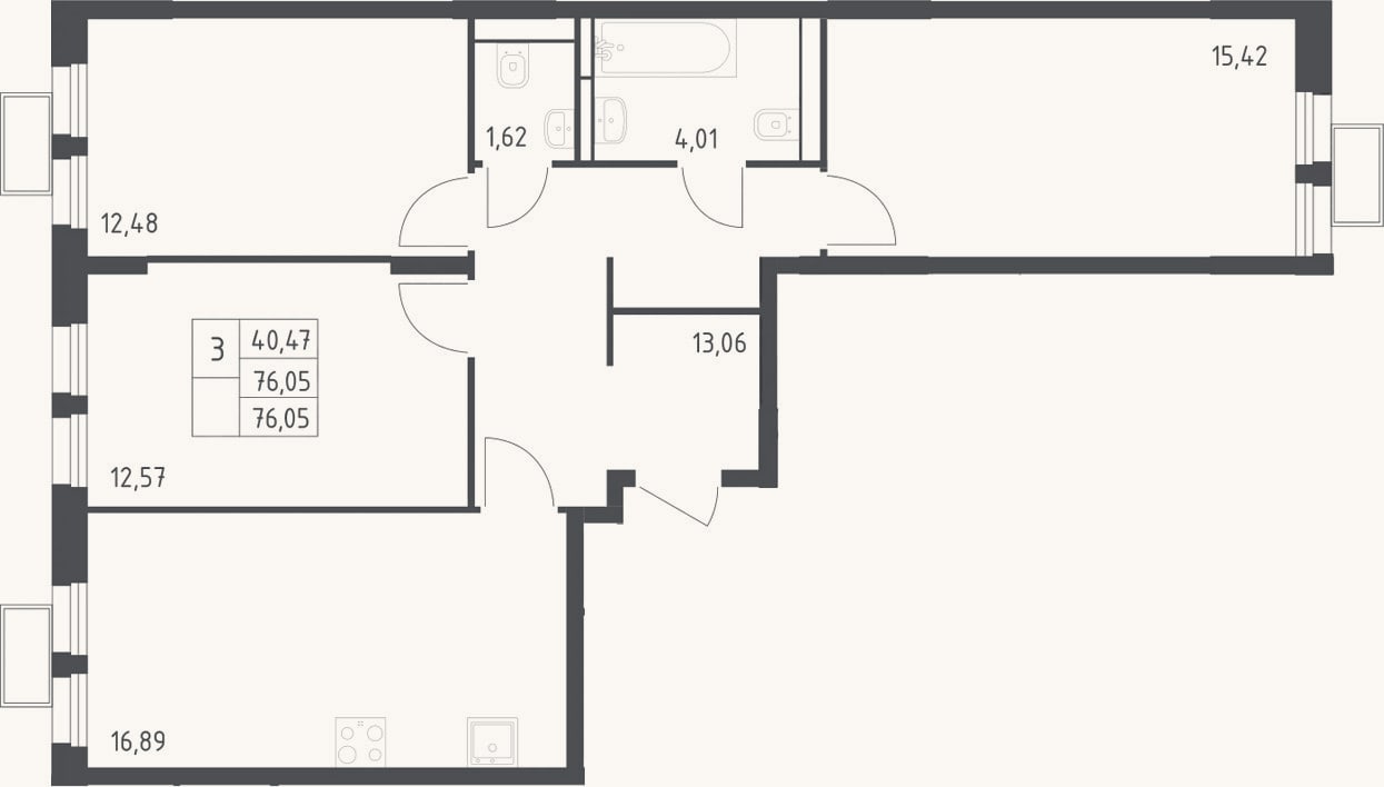 Планировка: 3-к, 76,1 м²