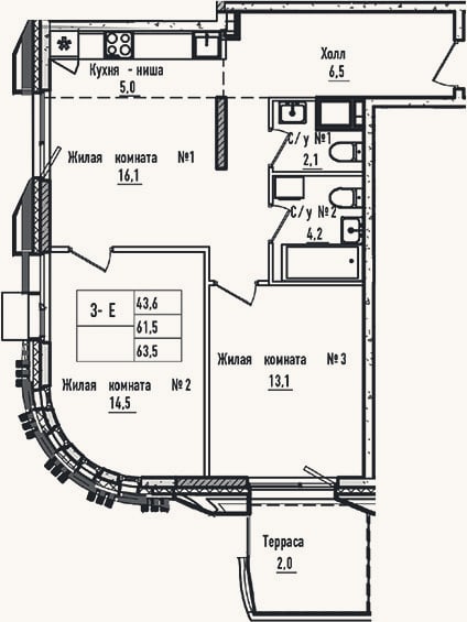 Планировка: 3-к, 61,5 м²