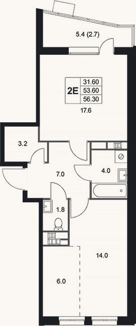Планировка: 2-к, 53,6 м²