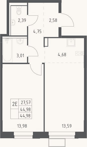 Планировка: 2-к, 45 м²