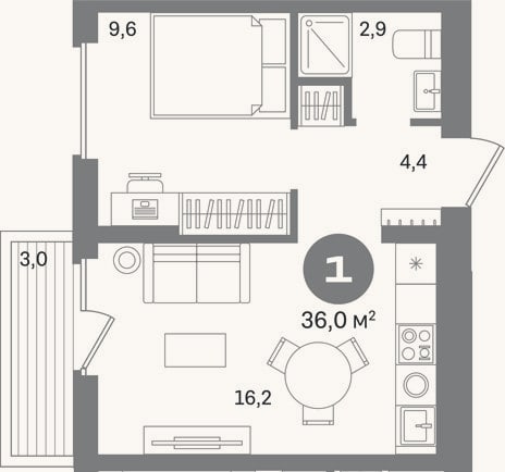 Планировка: 1-к, 33 м²
