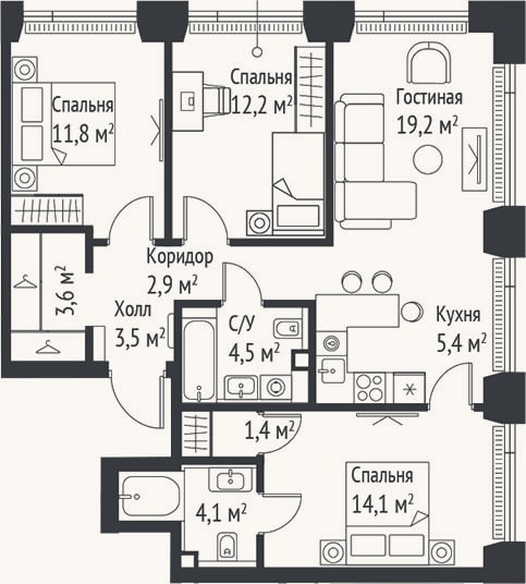 Планировка: 4+ к, 82,8 м²