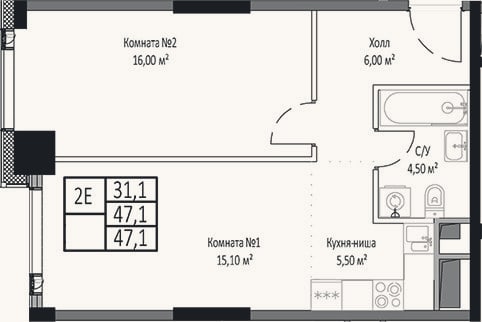 Планировка: 2-к, 47,1 м²