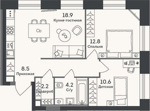 Планировка: 3-к, 57,2 м²