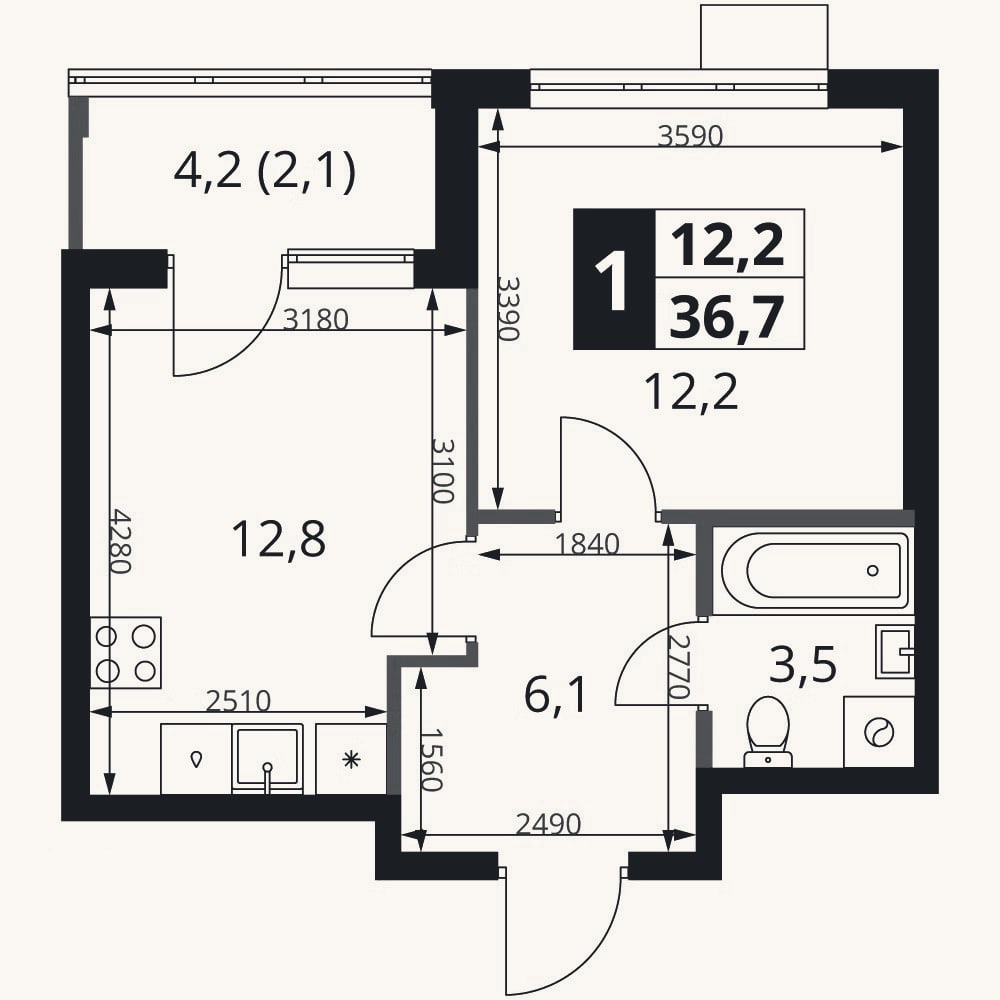 Планировка: 1-к, 34,6 м²