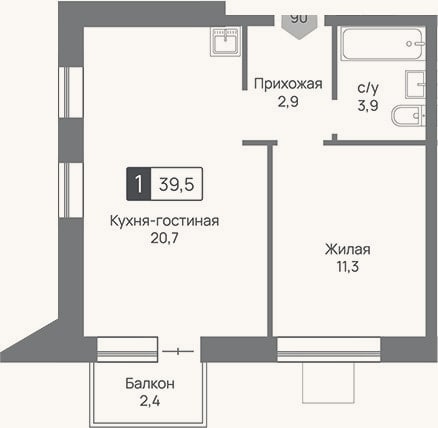Планировка: 2-к, 38,8 м²