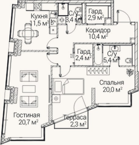 Планировка: 2-к, 75,2 м²