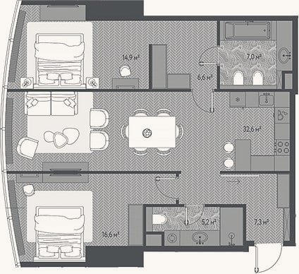 Планировка: 3-к, 90,2 м²