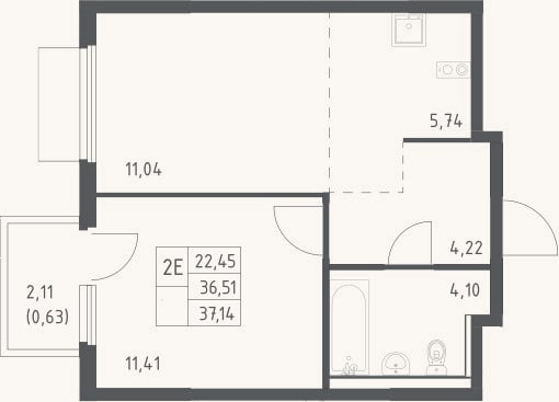 Планировка: 2-к, 36,5 м²