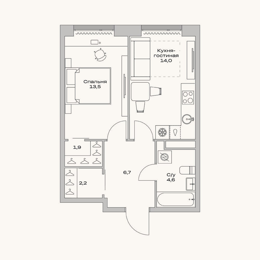 Планировка: 2-к, 42,9 м²
