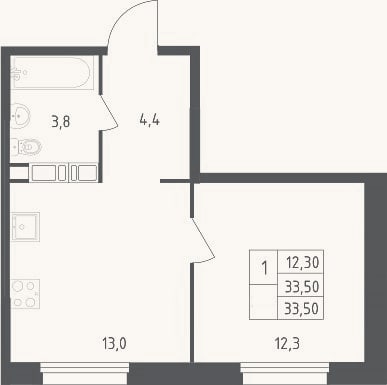 Планировка: 1-к, 33,5 м²