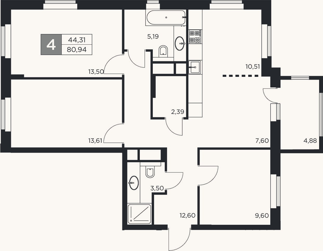 Планировка: 4+ к, 78,5 м²