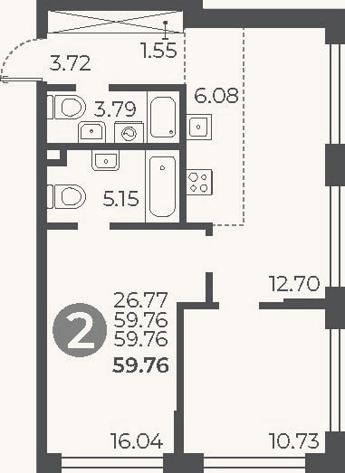 Планировка: 2-к, 59,8 м²