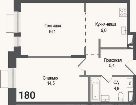 Планировка: 2-к, 49,8 м²