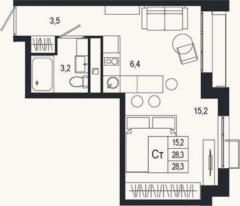Планировка: Студия, 28,3 м²