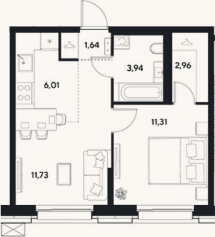 Планировка: 2-к, 37,6 м²