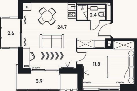 Планировка: 2-к, 38,9 м²