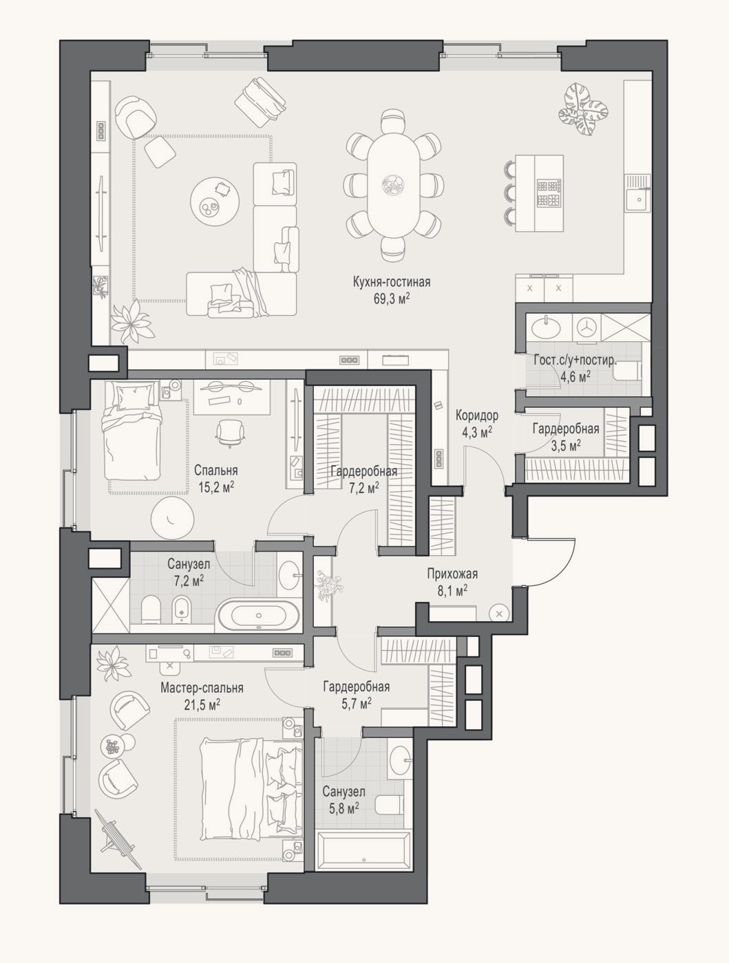 Планировка: 3-к, 157 м²