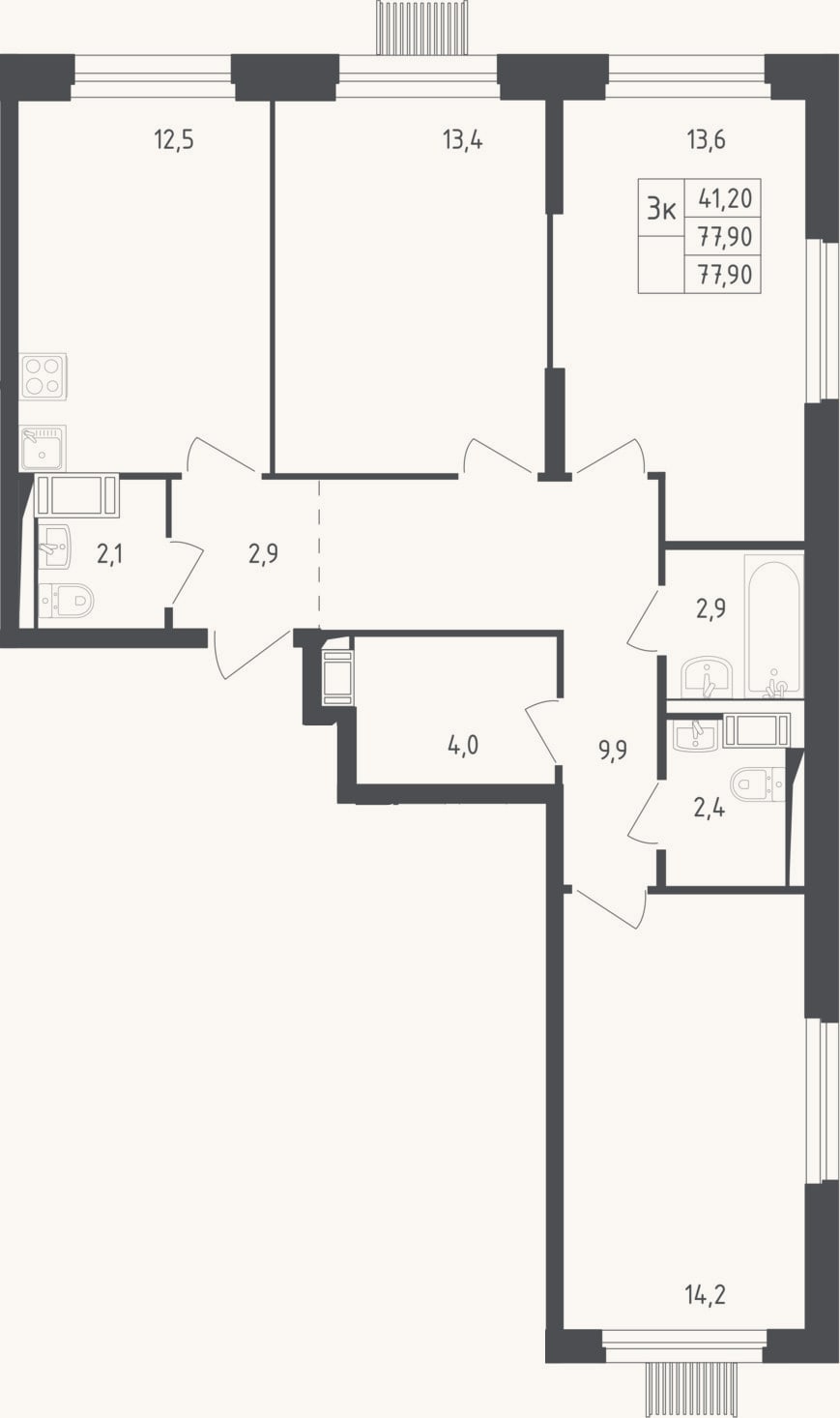 Планировка: 3-к, 76,9 м²