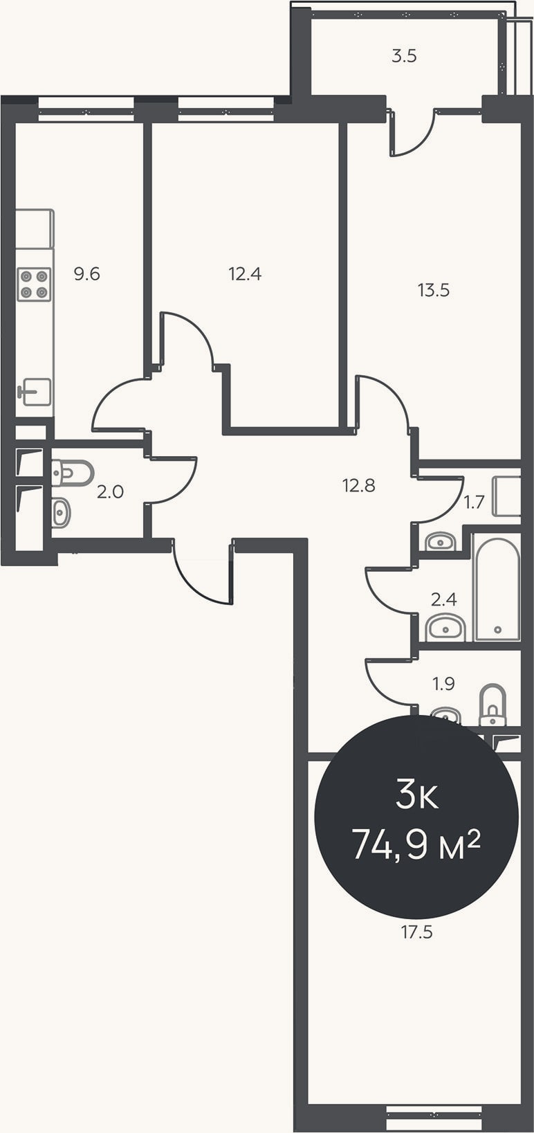 Планировка: 3-к, 73,8 м²