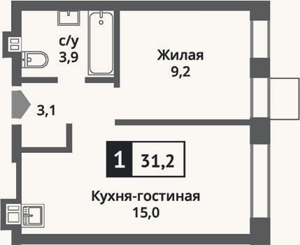 Планировка: 2-к, 31,2 м²