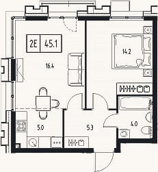 Планировка: 2-к, 44,9 м²