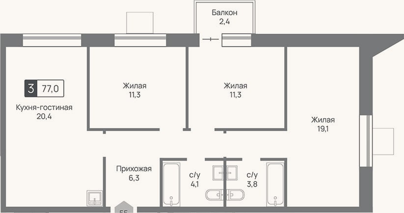 Планировка: 4+ к, 76,3 м²