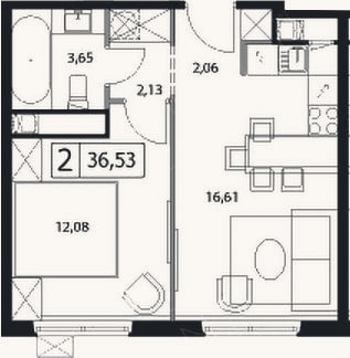 Планировка: 2-к, 36,5 м²
