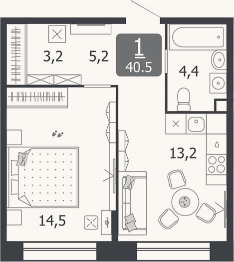 Планировка: 1-к, 40,5 м²