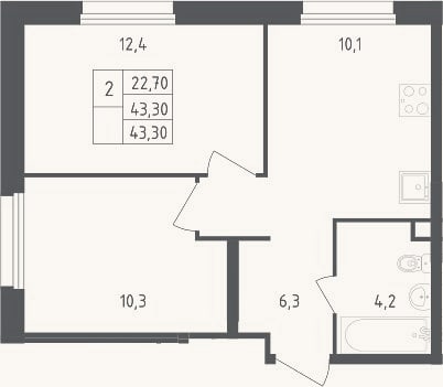 Планировка: 2-к, 43,3 м²