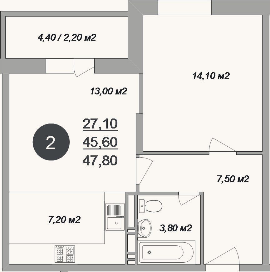 Планировка: 2-к, 45,6 м²