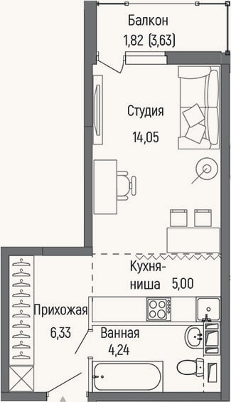 Планировка: Студия, 29,6 м²