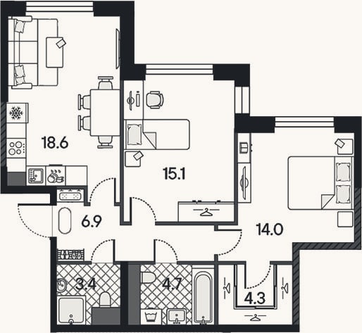 Планировка: 3-к, 67 м²
