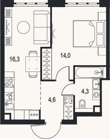 Планировка: 1-к, 39,2 м²