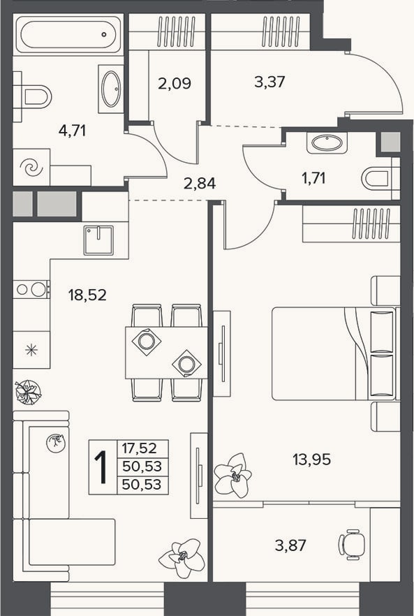 Планировка: 2-к, 50,5 м²