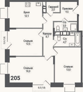 Планировка: 3-к, 74,5 м²