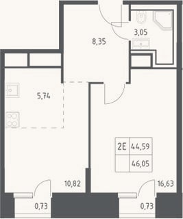 Планировка: 2-к, 44,6 м²