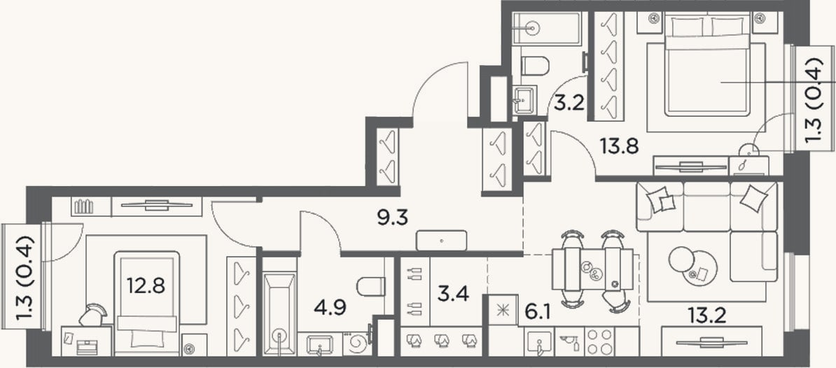 Планировка: 3-к, 66,7 м²