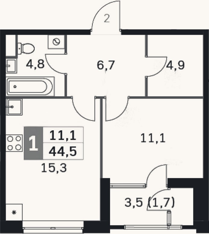 Планировка: 2-к, 40,7 м²