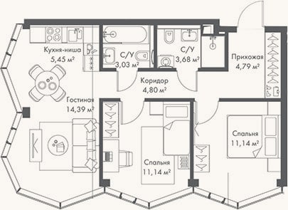 Планировка: 3-к, 58,4 м²
